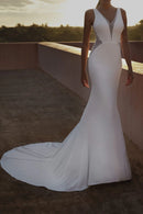 Glamorous Mermaid V-Neck Sleeveless Beaded-Back Train-Length Wedding Dress