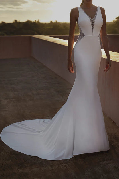 Glamorous Mermaid V-Neck Sleeveless Beaded-Back Train-Length Wedding Dress