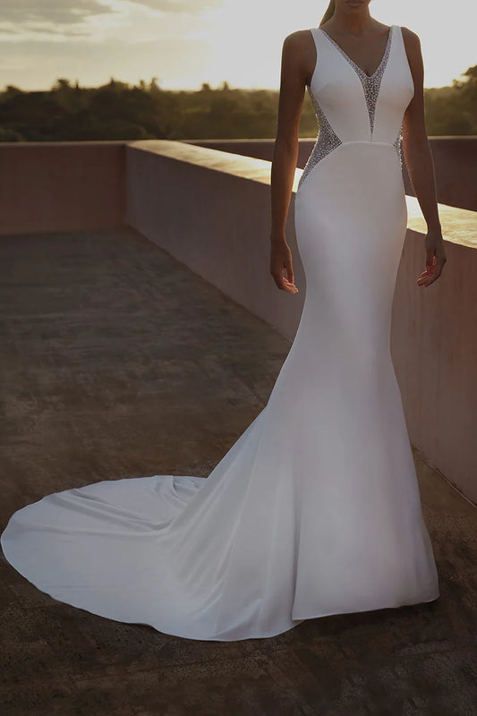 Glamorous Mermaid V-Neck Sleeveless Beaded-Back Train-Length Wedding Dress