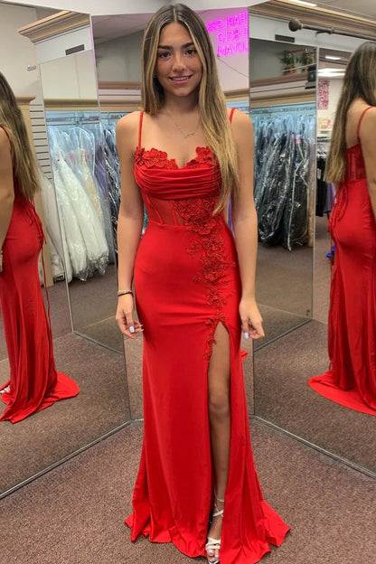 Glamorous Mermaid V-Neck Spaghetti-Strap Lace-Up-Back Lace Appliqué High-Slit Evening Dress