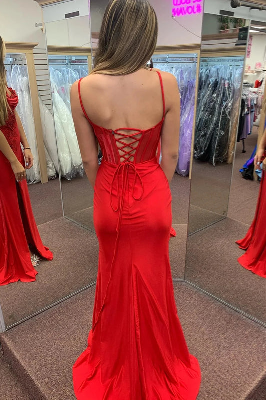 Glamorous Mermaid V-Neck Spaghetti-Strap Lace-Up-Back Lace Appliqué High-Slit Evening Dress