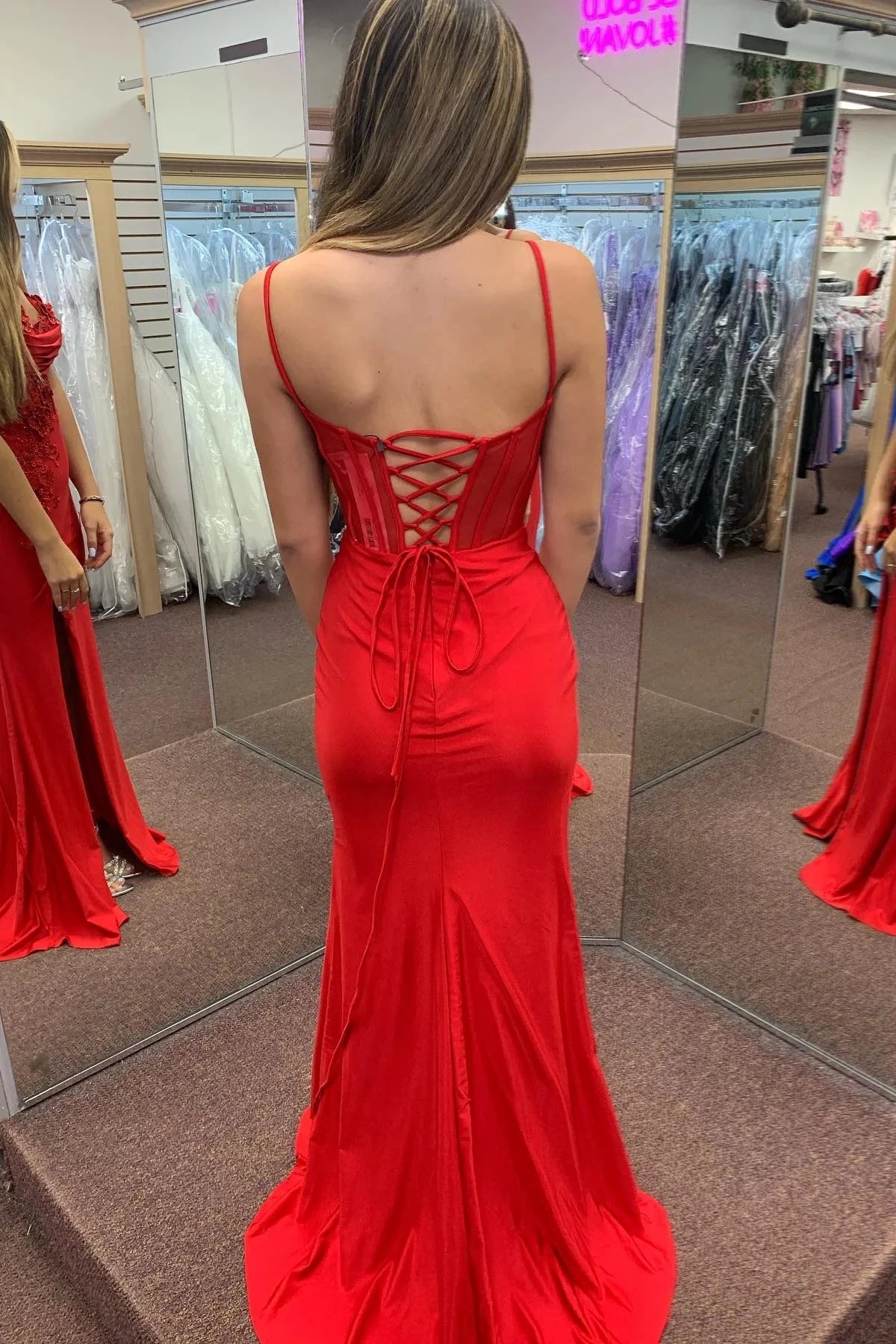 Glamorous Mermaid V-Neck Spaghetti-Strap Lace-Up-Back Lace Appliqué High-Slit Evening Dress