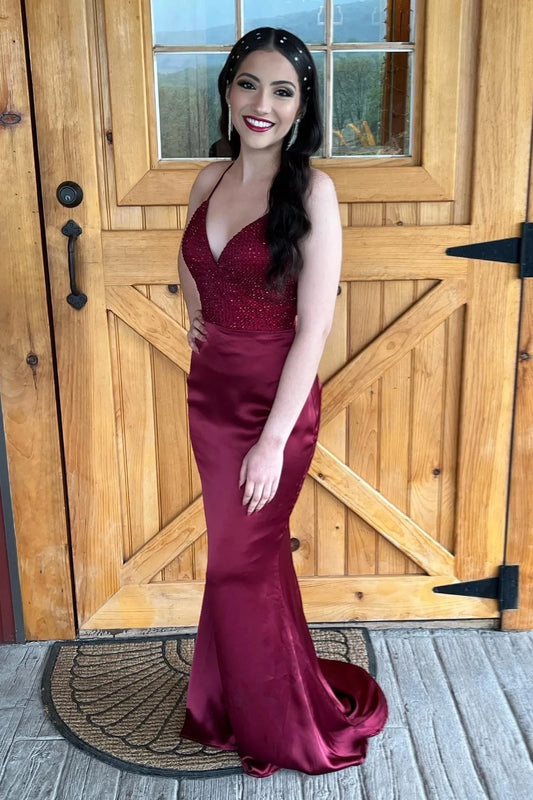 Glamorous Mermaid V-Neck Spaghetti Straps Lace Up Back Sweep Train Burgundy Evening Dresses