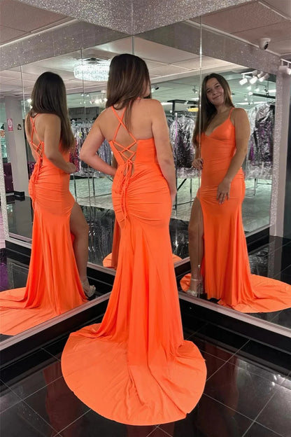 Glamorous Mermaid V-Neck Spaghetti Straps Lace Up Back Sweep Train Neon Orange Evening Dresses