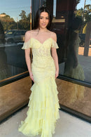 Glamorous Mermaid V-neck Cold Shoulder Ruffle Sleeve Lace Appliqué Floor-length Evening Prom Dress