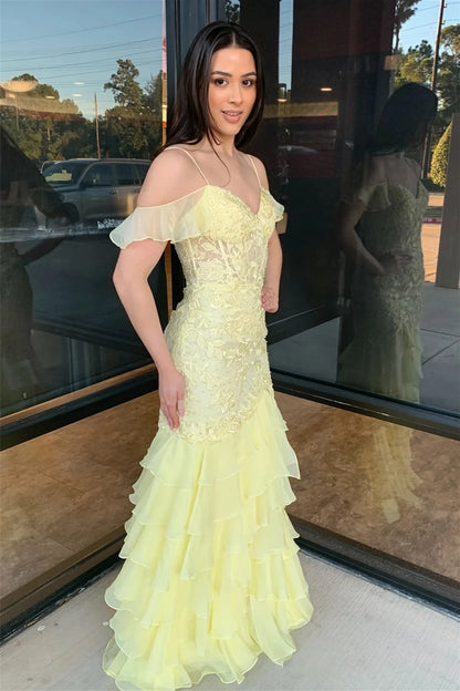 Glamorous Mermaid V-neck Cold Shoulder Ruffle Sleeve Lace Appliqué Floor-length Evening Prom Dress
