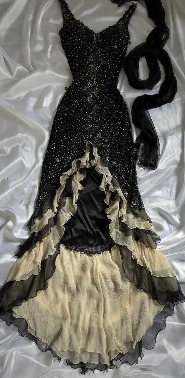 Glamorous Mermaid V-neck Spaghetti-strap Solid-back High-low Ruffled Prom Dress