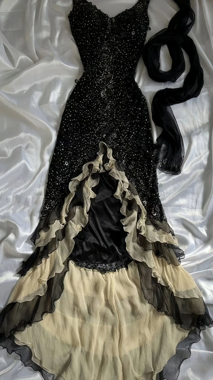 Glamorous Mermaid V-neck Spaghetti-strap Solid-back High-low Ruffled Prom Dress