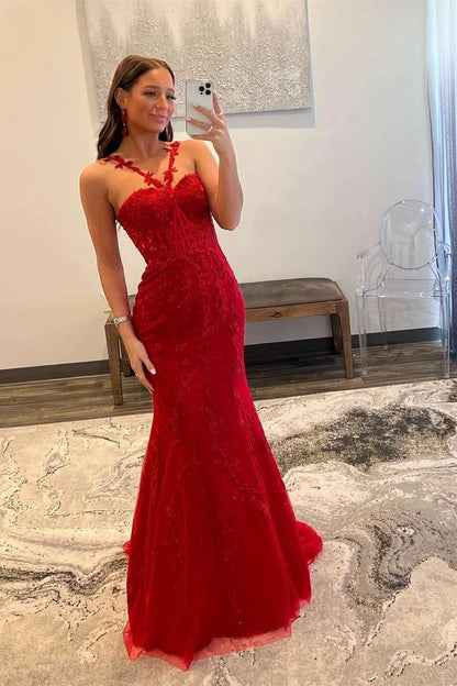 Glamorous Red Mermaid Spaghetti Strap V-Neck Backless Lace Maxi Evening Dress