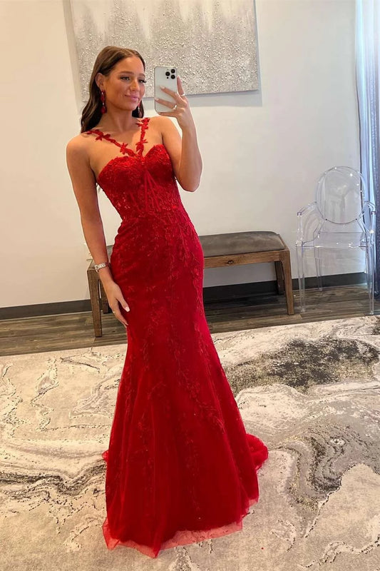 Glamorous Red Mermaid Spaghetti Strap V-Neck Backless Lace Maxi Evening Dress