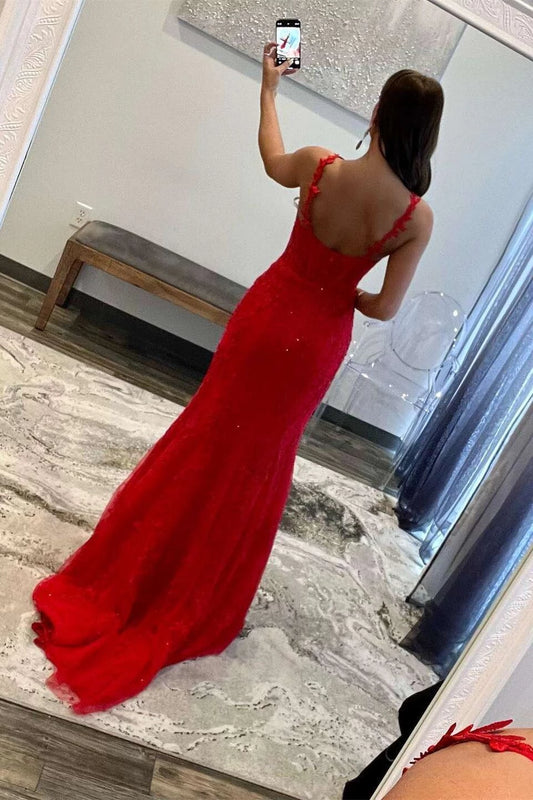 Glamorous Red Mermaid Spaghetti Strap V-Neck Backless Lace Maxi Evening Dress