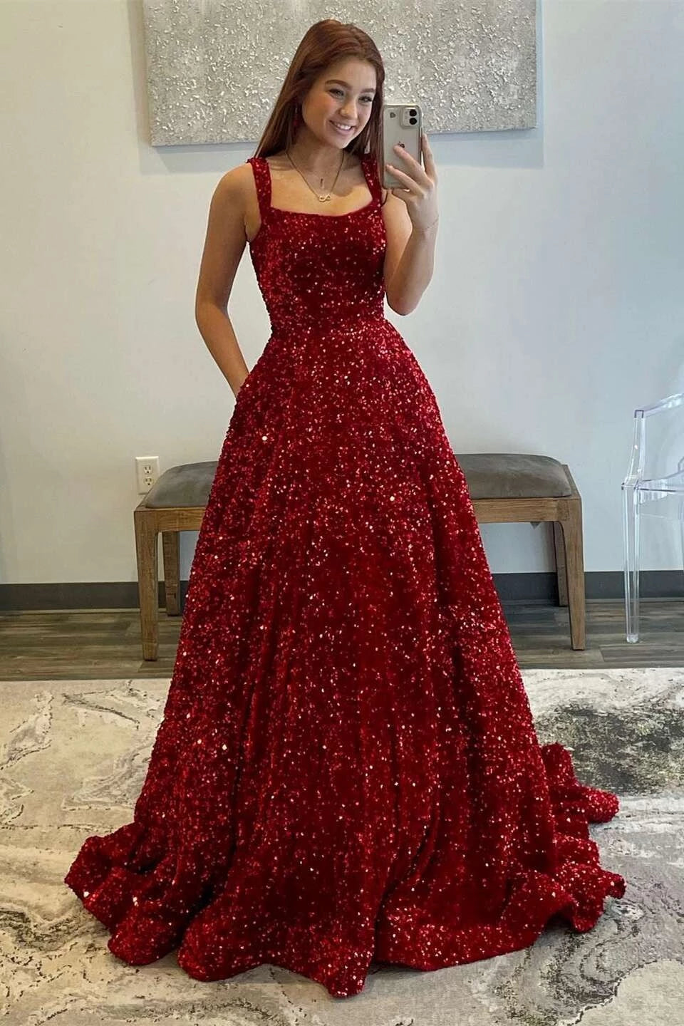 Glamorous Red Sequin Square Neck Sleeveless Backless Maxi Evening Dress