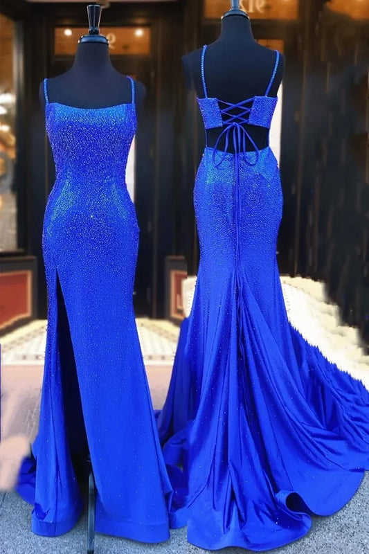 Glamorous Royal Blue Rhinestone Mermaid Prom Dress with Spaghetti Straps.