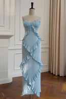 Glamorous Sheath Column Spaghetti Straps Sweetheart Open Back Asymmetrical Ruffle Light Blue Chiffon Evening Dresses
