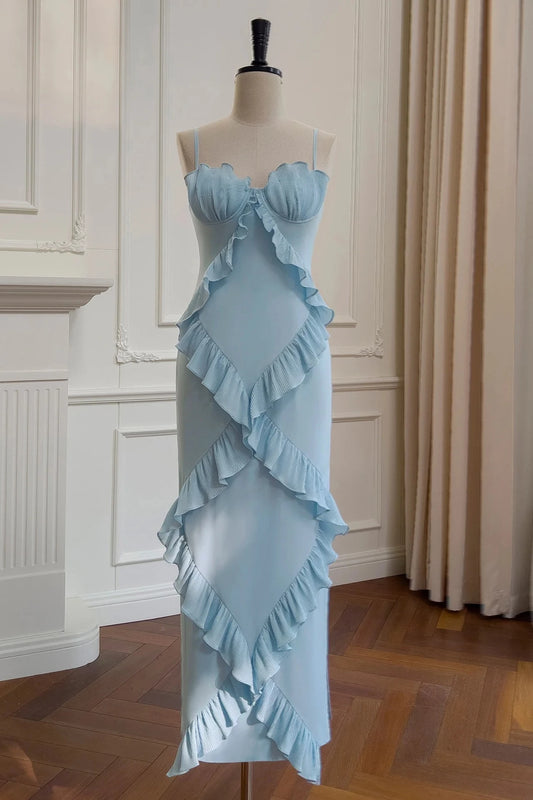 Glamorous Sheath Column Spaghetti Straps Sweetheart Open Back Asymmetrical Ruffle Light Blue Chiffon Evening Dresses