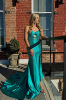 Glamorous Teal Mermaid Strapless Sweetheart Cutout Lace-Up Back Train Evening Dresses