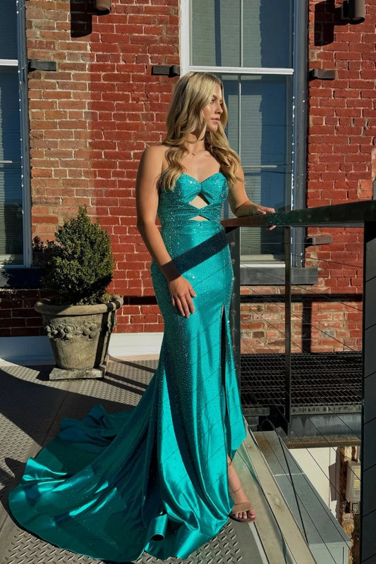 Glamorous Teal Mermaid Strapless Sweetheart Cutout Lace-Up Back Train Evening Dresses