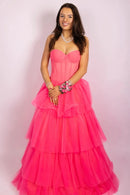 Glamorous Tiered Ball Gown Strapless Sleeveless Open Back Floor-Length Hot Pink Tulle Evening Dresses