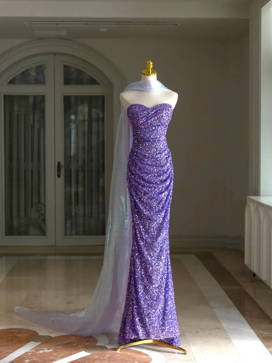 Glamorous Violet-Purple Sequin Mermaid Strapless Corset-Back Train Prom Dress.