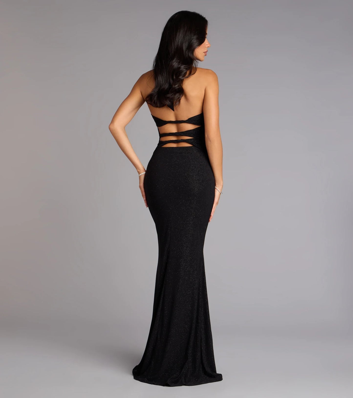 Glamorous Black Glitter Mermaid Deep V-Neck Halter Sleeveless Open Back Floor-Length Prom Dress
