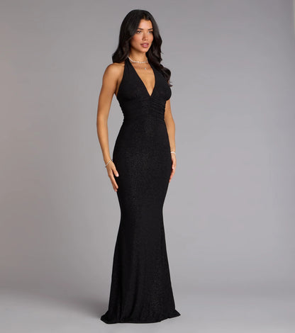 Glamorous Black Glitter Mermaid Deep V-Neck Halter Sleeveless Open Back Floor-Length Prom Dress