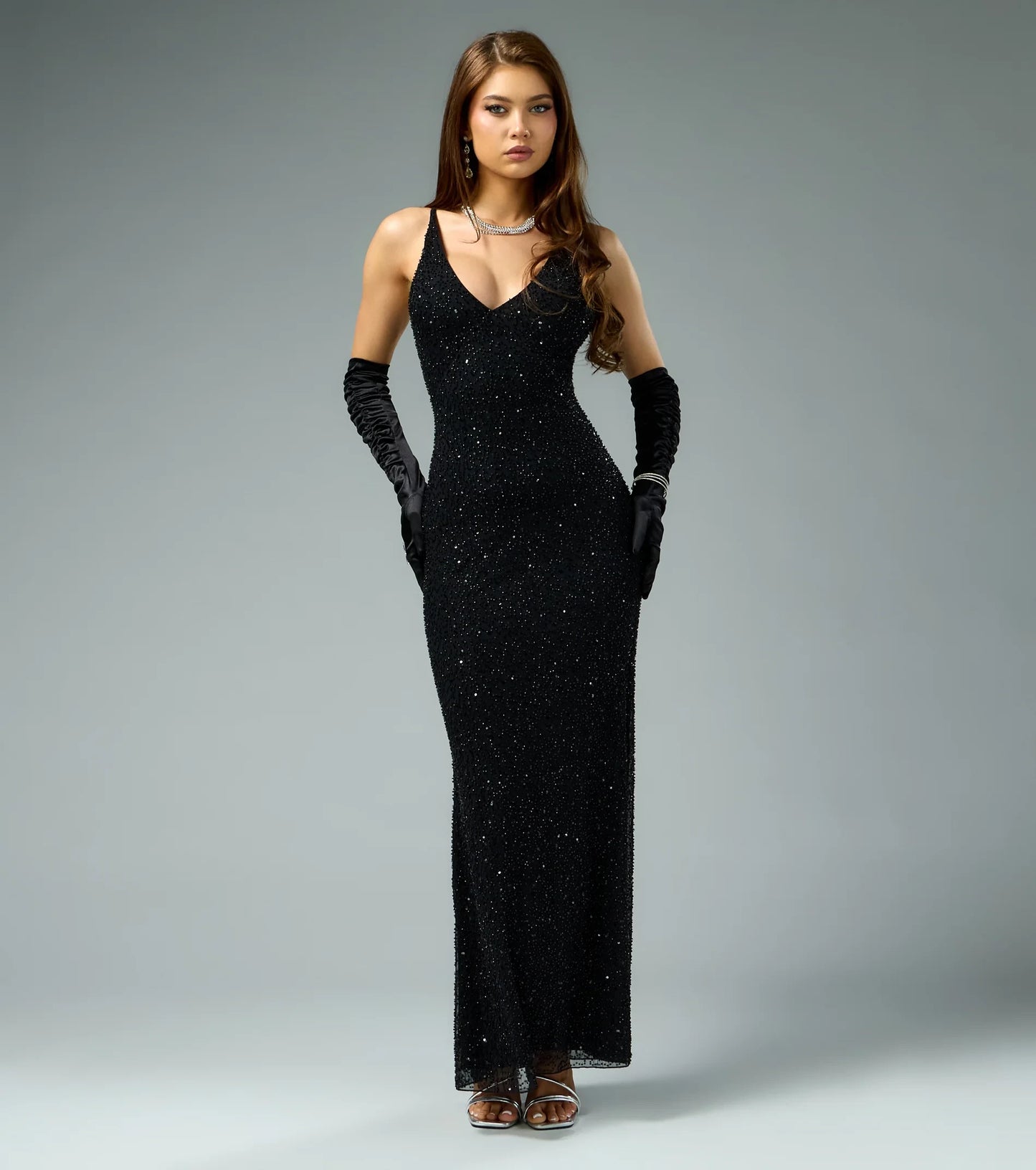 Glamorous Sequin Embellished Column V-Neck Sleeveless Open Back Floor-Length Prom Dresses