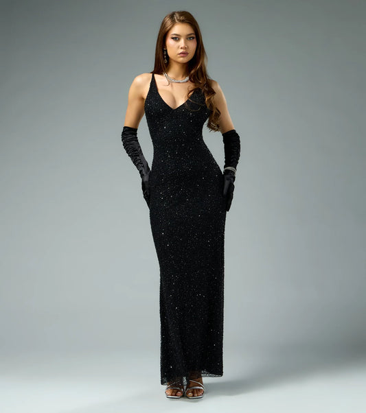 Black Sequin Sheath/column V-Neck V-Back Floor-Length Dress