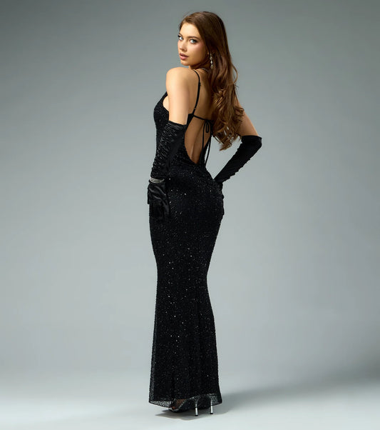 Black Sequin Sheath/column V-Neck V-Back Floor-Length Dress