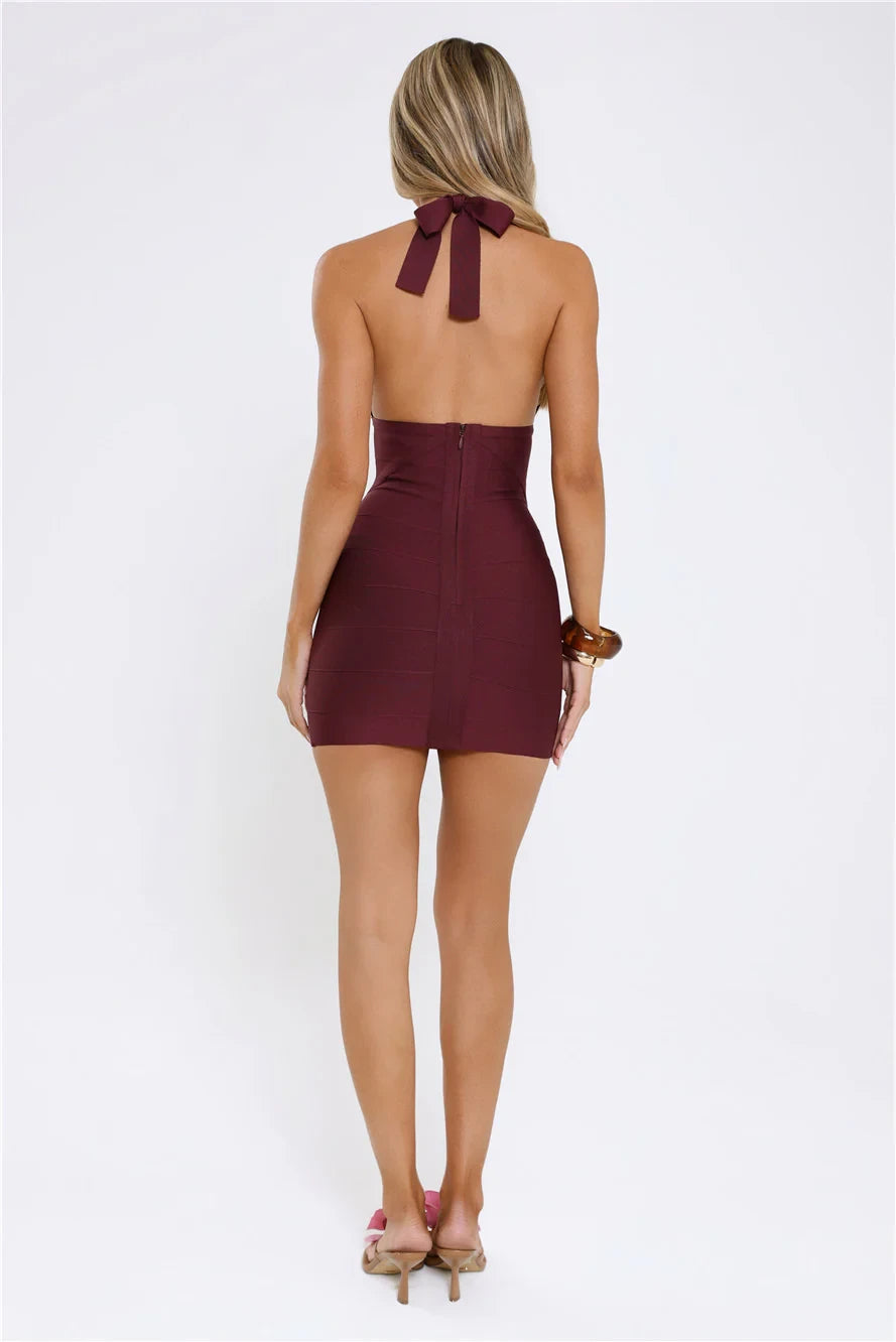 Glamorous Slinky Bodycon Plunge Halter Sleeveless Tie-Back Mini Bandage Homecoming Dresses