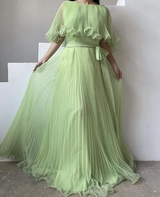 Green Pleated Cape Sleeve Belted Maxi Evening Dress