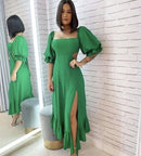 Green Square Neck Puff Sleeve Cutout Slit Midi Evening Dress