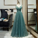 Teal Tie Strap V Neck Sparkle Tulle A Line Prom Dress