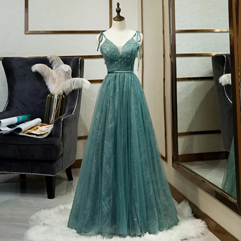 Teal Tie Strap V Neck Sparkle Tulle A Line Prom Dress