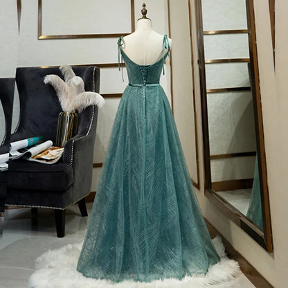 Teal Tie Strap V Neck Sparkle Tulle A Line Prom Dress