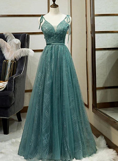 Teal Tie Strap V Neck Sparkle Tulle A Line Prom Dress