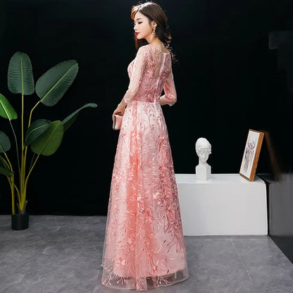 Pink 3/4 Sleeve Floral Embroidery Tulle A Line Evening Dress