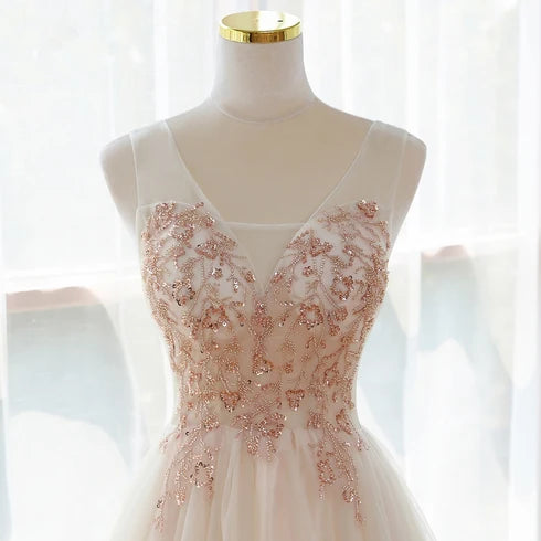 Champagne Spaghetti Strap Beaded Lace Tulle A Line Prom Dress