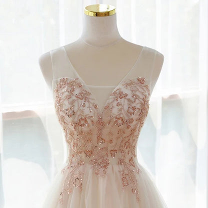 Champagne Spaghetti Strap Beaded Lace Tulle A Line Prom Dress