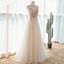 Champagne Spaghetti Strap Beaded Lace Tulle A Line Prom Dress