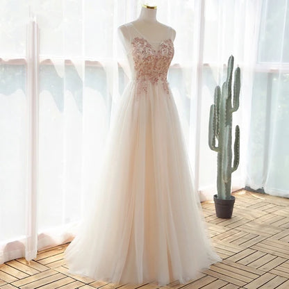 Champagne Spaghetti Strap Beaded Lace Tulle A Line Prom Dress