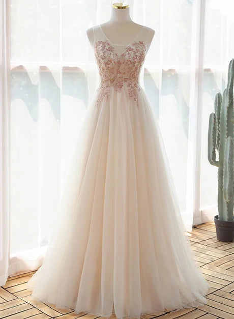 Champagne Spaghetti Strap Beaded Lace Tulle A Line Prom Dress