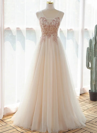 Champagne Spaghetti Strap Beaded Lace Tulle A Line Prom Dress