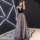 Black Velvet V Neck Spaghetti Strap Star Moon Tulle Prom Dress
