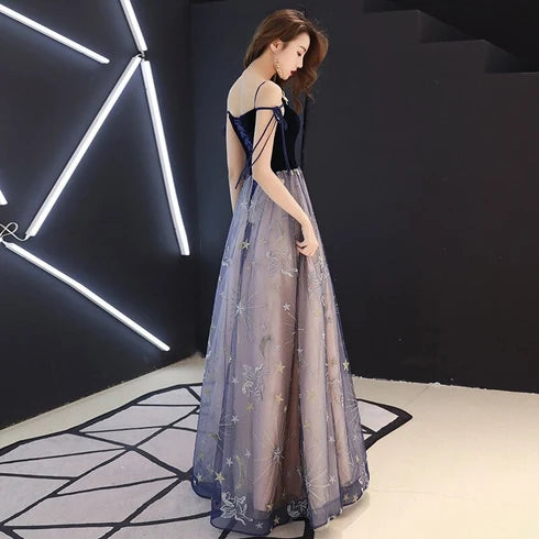 Black Velvet V Neck Spaghetti Strap Star Moon Tulle Prom Dress