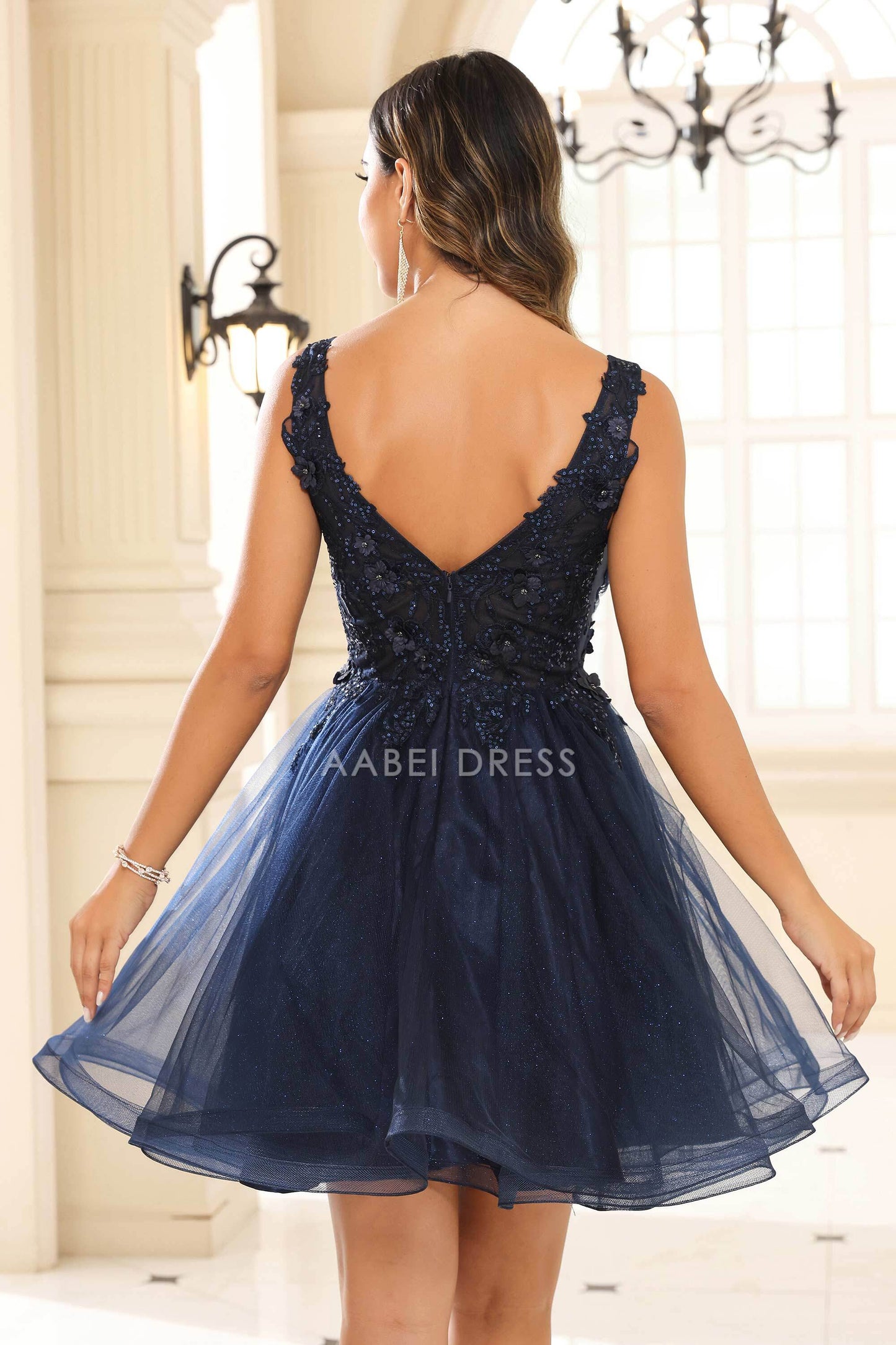 AABEI DRESS Short Dress Charming A Line Deep V Neck Floral Applique Beaded Ruched Exquisite New Homecoming Dress