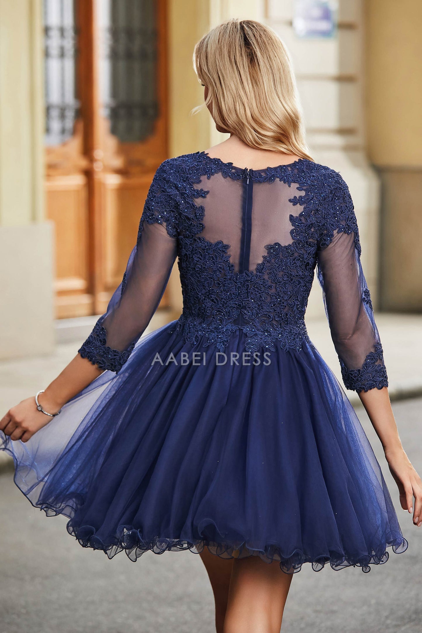 AABEI DRESS Short Dress Exquisite A Line Illusion Long Sleeves Top Ruched Retro New Homecoming Dress