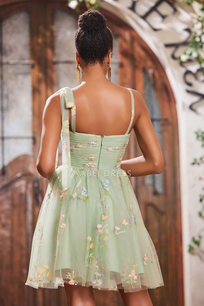 AABEI DRESS Short Dress Fashion A-Line Spaghetti Strap Pleated Applique Bow Straps Knee-Length Cute Dresses New Homecoming Dress