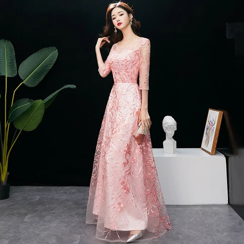 Pink 3/4 Sleeve Floral Embroidery Tulle A Line Evening Dress