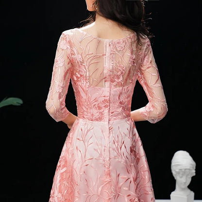 Pink 3/4 Sleeve Floral Embroidery Tulle A Line Evening Dress