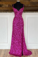Hot Pink Sequin Spaghetti Strap Mermaid Prom Dress with Slit